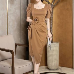 Váy Đầm Dự Tiệc Trung Niên Đi Cưới Thiết Kế Cao Cấp Đầm Đi Tiệc Cổ Tim Vuông Hoa Cao Cấp PL6 - Hình ảnh 2